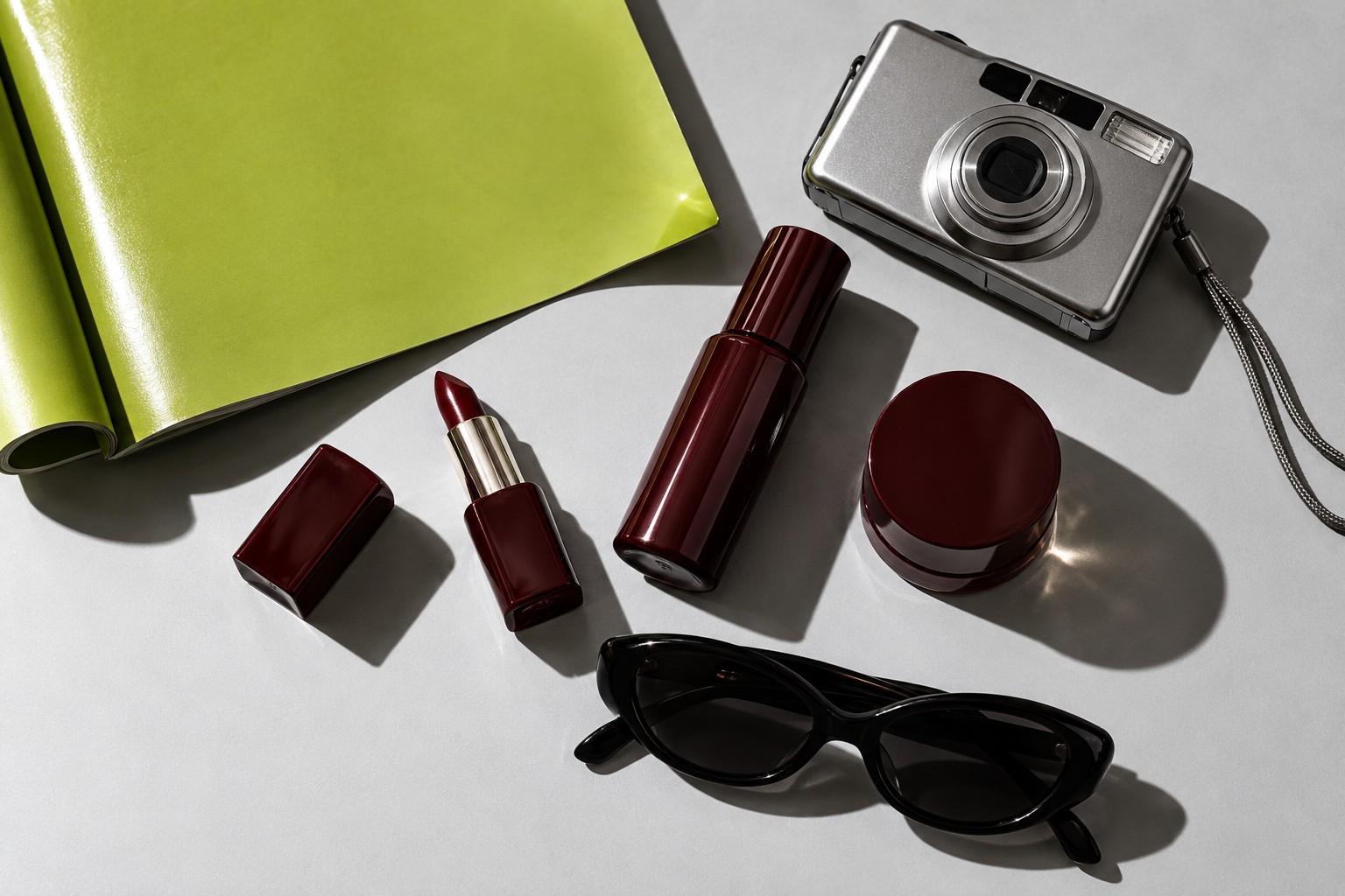 Beauty and fashion products styled on a lime and neutral set